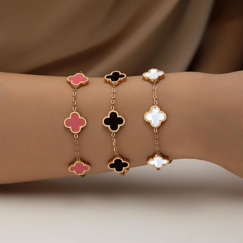 HAITTY 18K Gold Plated Clover Bracelet Set for Women White/Black/Gold/Silver/Green/Pink Adjustable Link Double-Sided Lucky Bracelets Trendy Bracelets Set Jewelry Gifts for Women Men - Image 2